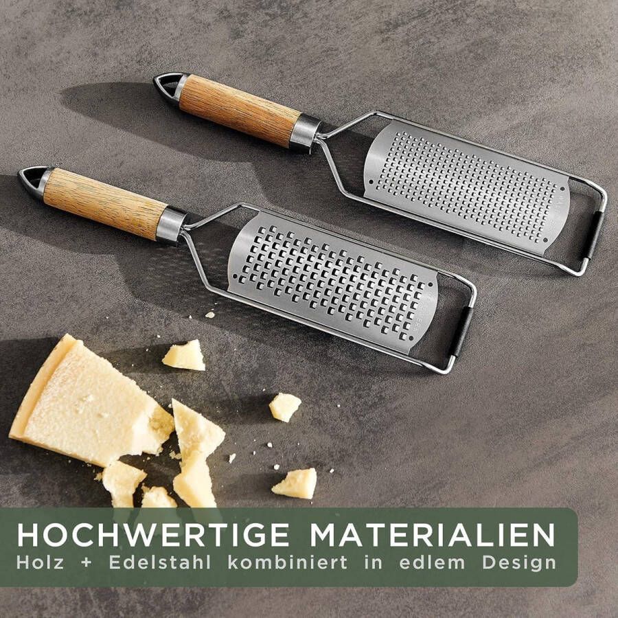Kaasrasp (set van 2) met houten handvat Parmezaanse kaasrasp van roestvrij staal Geëtste snijdingen Nooituskaatrasp Citroenrasp Gemberrasp WALDWERK