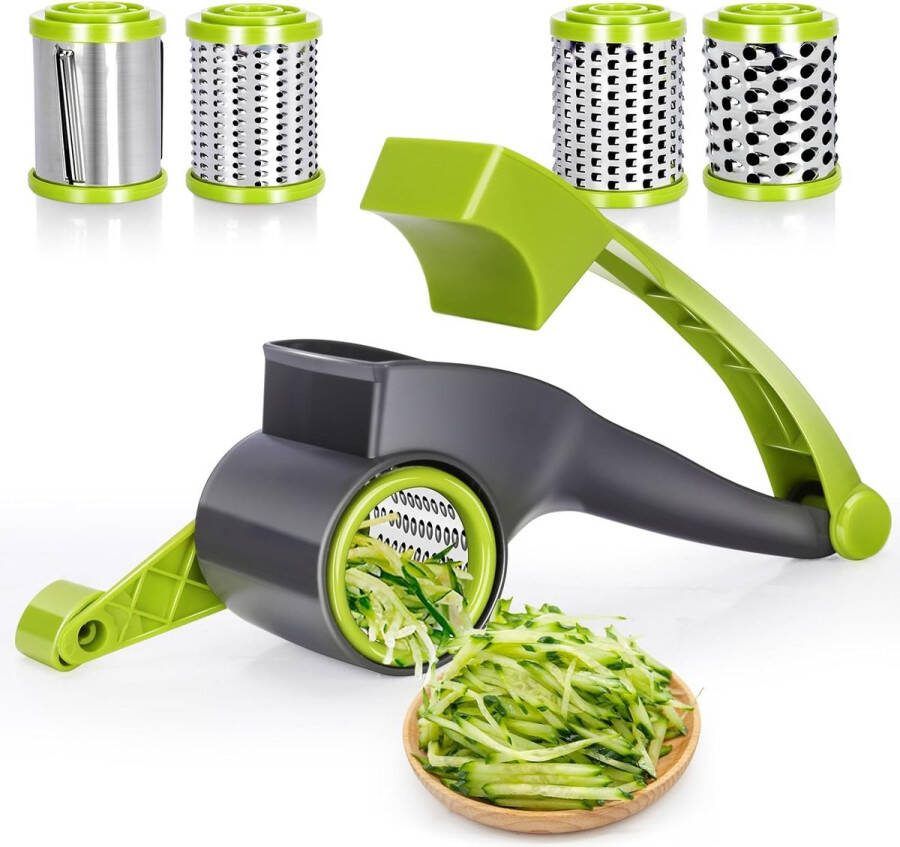 Kaasrasp trommelrasp met zwengel en 4 trommels handdraaien kaasrasp parmezaanse rasp professionele keukenrasp voor harde kaas groenten noten chocolade grijs groen