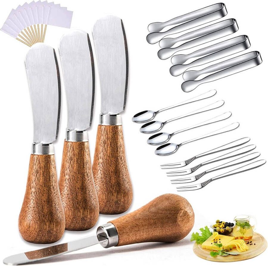 Kaasschudder met Houten Handvat Schattig Staand Botermes RVS Mini Serveertang Lepels Vorken voor Fruit Picknick Charcuterie Set van 4