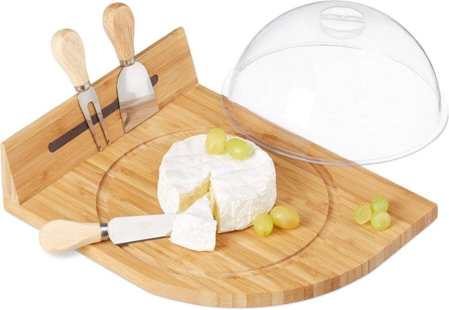 Kaasstolp met plank bestek 3-delig kaasbestek bamboe kaasplankje magneetstrip ronde uitsparing kaasstolp