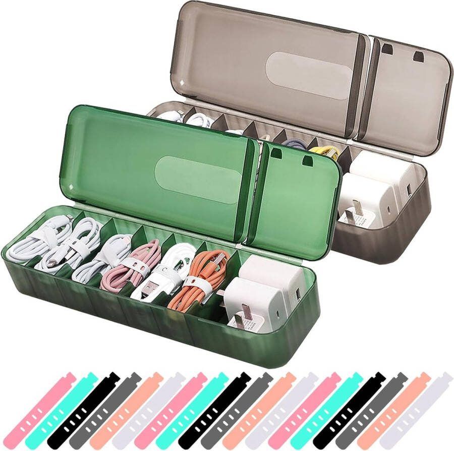 Kabel Opberg Doos Set van 2 Kabel Organiser Doos Kabel Management Doos met 7 Compartimenten & 18 Kabelbinders Plastic Opberg Doos voor Bureau Opbergruimte Kantoor (Groen & Bruin)