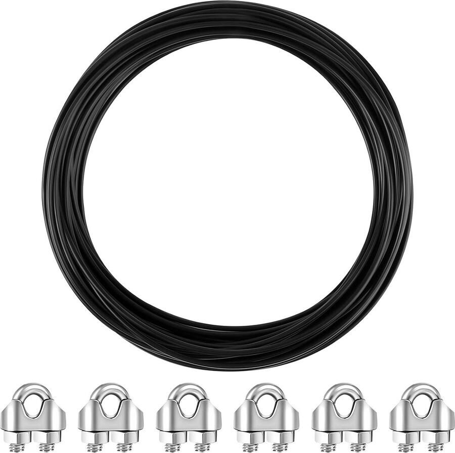 Kabel van staal zwart 1 rol 15 m staalkabel 3 mm ophangkabel van staal met PVC-mantel geïsoleerd met 6 stuks M3 kabelbinders voor huis tuin buiten industrie slinger