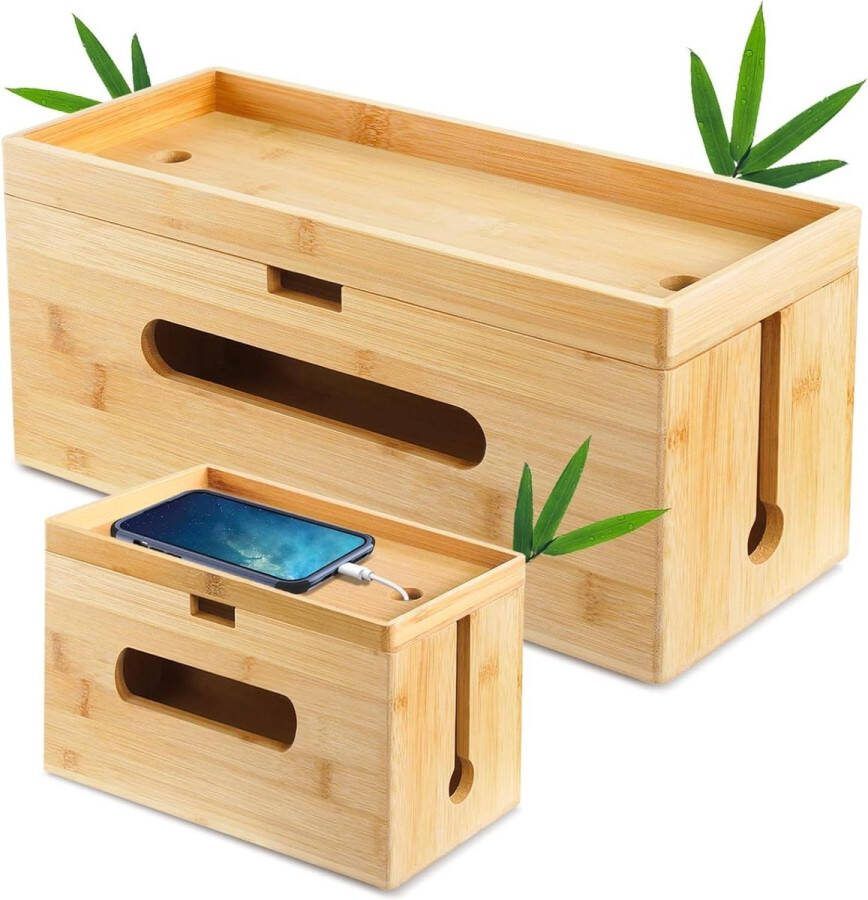 Kabelbox hout set van 2 groot en klein van duurzaam bamboe kabelmanagementbox om kabels te verbergen stekkerbox kabelverzamelaar kabelorganizer box Kabel organiser
