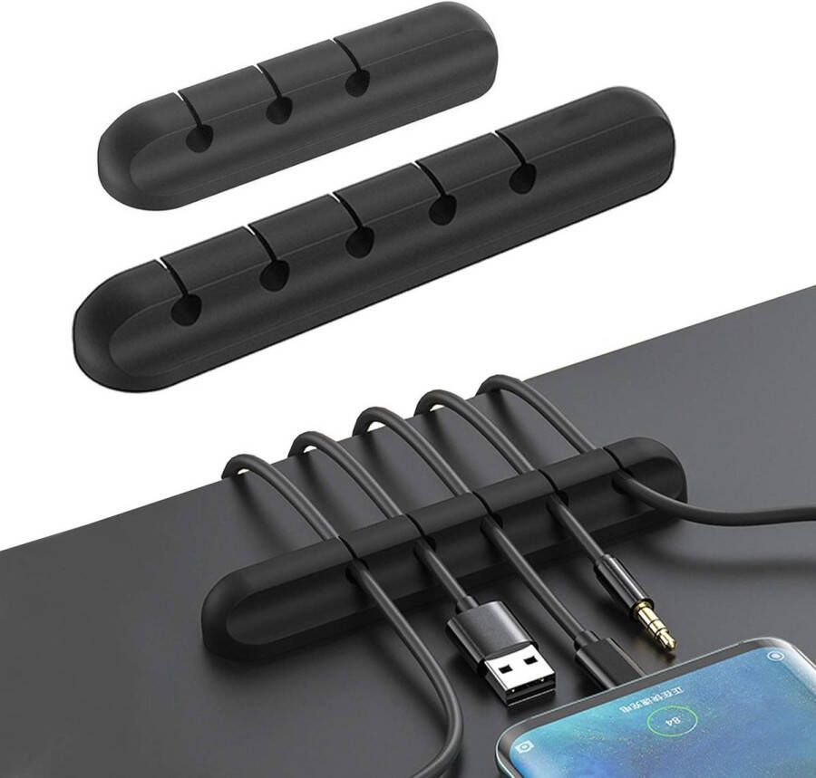 Kabelclips (3+5 sleuven) Organisator voor draadbeheer Bureaulader Kabelsnoerhouder voor netsnoeren en opladen accessoires kabels muis kabel voor pc Hoofdtelefoon Draad kantoor en thuis Siliconen Usb Kabelhaspel -zwart