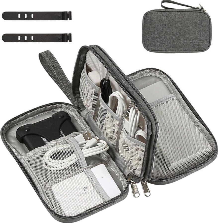 Kabeltas elektronische tas met 2 stuks kabelbinders kabelorganizertas draagbare reiskabel waterdicht dubbellaagse reistas voor elektronica-accessoires voor mobiele telefoon USB-powerbank (grijs)