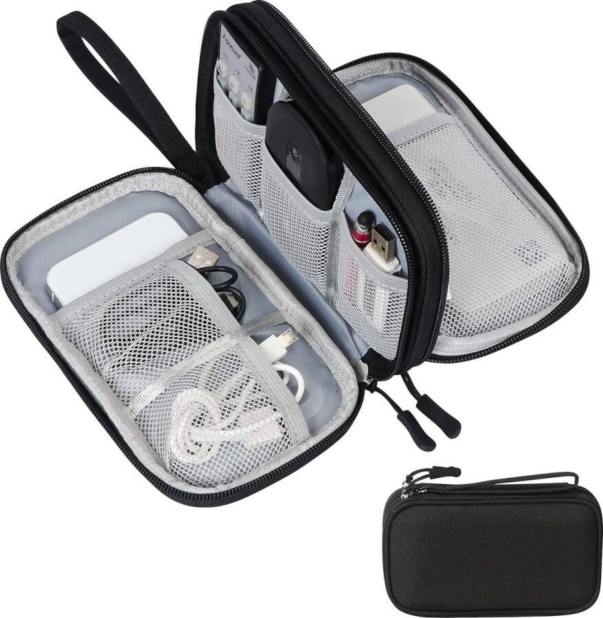 Kabeltas organizer voor elektronica-accessoires draagbare kabelorganizer dubbele kabeltas voor elektronische accessoires USB-powerbank SD-kaart oplaadkabel 19 x 10 x 5 cm zwart