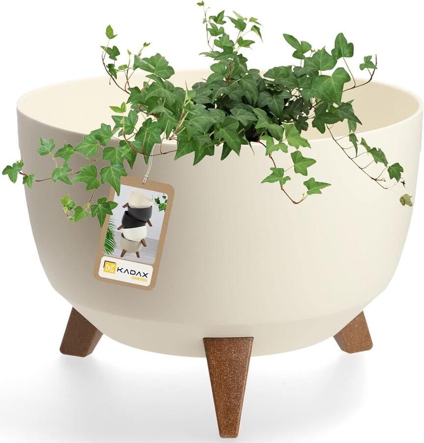 KADAX Bloempot van kunststof met drie insteeksteunen ronde bloembak plantenschaal voor balkon woonkamer Diameter 33 cm Crème