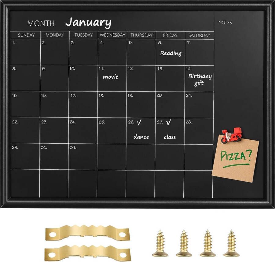 Kalenderbord Maandkalender 43 x 58 cm zwarte lijst magnetisch krijtbord voor planning schoolplan memo hangbord voor kantoor school en thuis (YLHB-BK-4358) NL