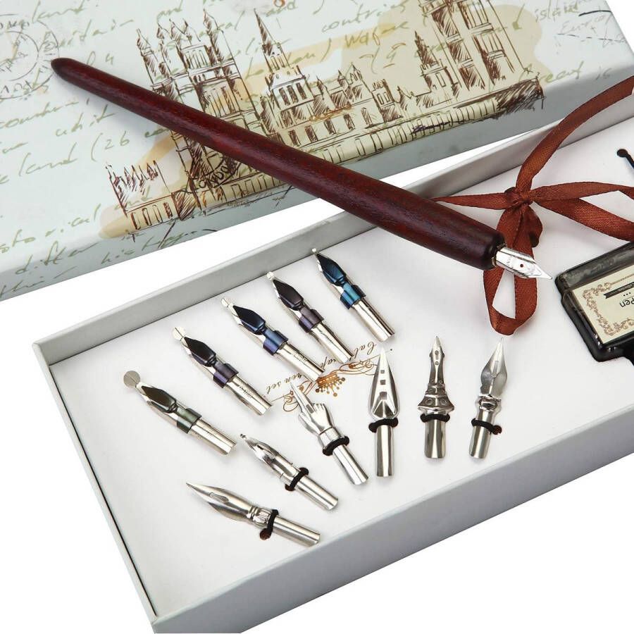 Kalligrafie Pennen Set Houten Dip Pen Handgemaakte Kalligrafie Set met 11 Penpunten & Zwarte Inkt