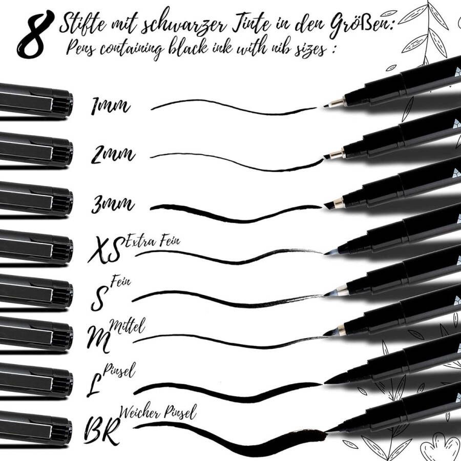 Kalligrafiestiften set – 8 penseelstiften penseelpennen met verschillende stiftpunten – zwarte viltstiften met de fijnste Japanse – handlettering fineliner en kleurstiften