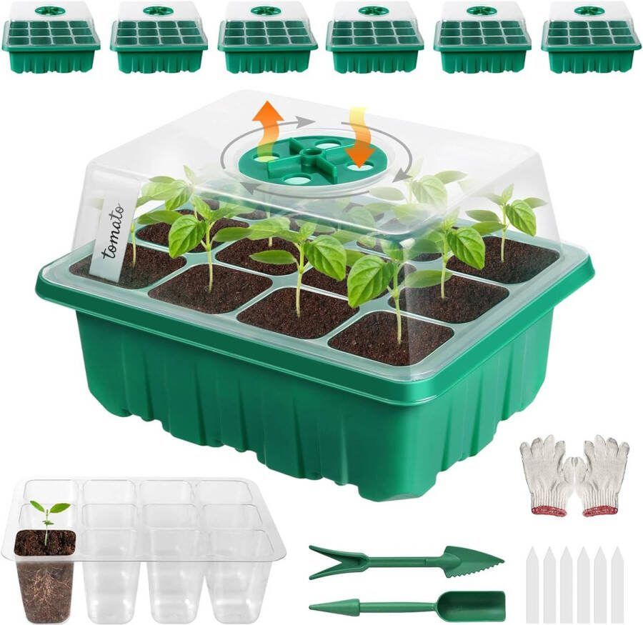 Kamerbroeikas kweekbak 6 stuks 72 cellen mini-broeikas kweekset met verhoogd deksel zaailing starter trays kweekschaal met deksel voor planten groen (6 stuks)