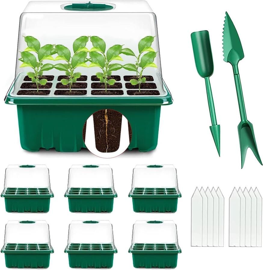 Kamerbroeikas kweekbak 6 stuks 72 cellen mini-broeikas kweekset met verstelbare koepeldeksels zaailing starter trays kweekschaal voor zaailingen en planten
