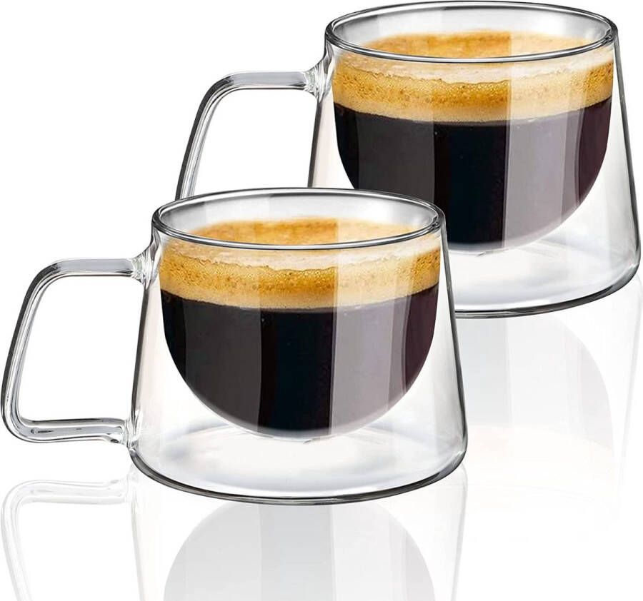 KAMEUN Latte Macchiato glazen set van 2 x 300 ml dubbelwandige cappuccino-glazen dubbelwandige glazen met handvat van borosilicaatglas espresso-glazen voor espresso thee latte cola cappuccinodrank