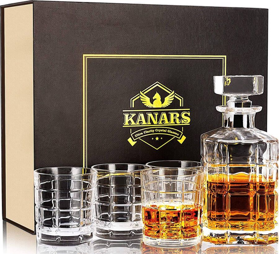 KANARS Whisky Glazen en Karaf Set Kristallen Whisky Decanter 800 ml met 4 Whiskyglas 300 ml voor Cognac Whisky Scotch Wodka Martini Cocktails Mooie Geschenkdoos Set van 5 Stuks