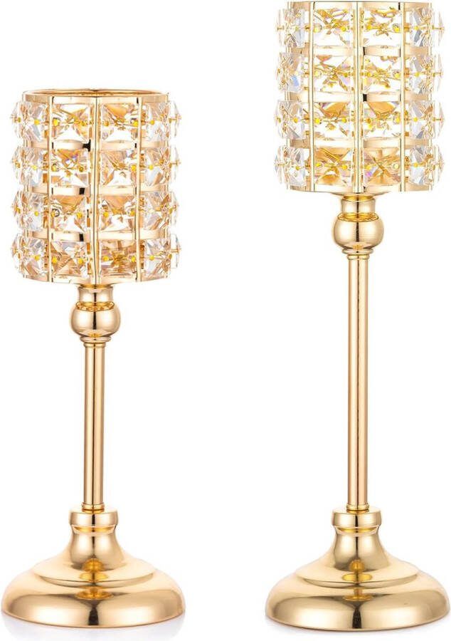Kandelaar kristallen glazen theelichthouder gouden kaarsenhouder voor stompkaarsen metaal moderne hoge kaarsenhouder voor Kerstmis Halloween Pasen tafeldecoratie 31 cm + 36 cm