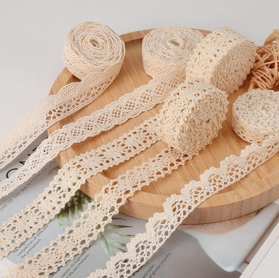 Kanten band katoen 30 m beige kanten rand vintage sierkant gehaakte kant decoratieband sierband kantstof voor naaien handwerk bruiloft decoratie