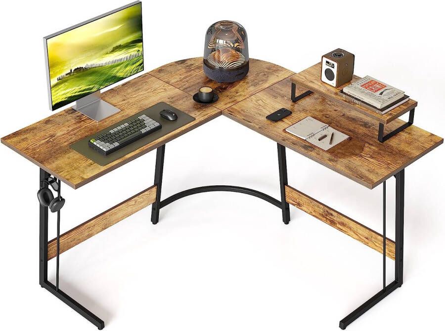 Kantoor pc-hoektafel computertafel met monitorstandaard en laden ruimtebesparend eenvoudig te monteren hoektafel bruin