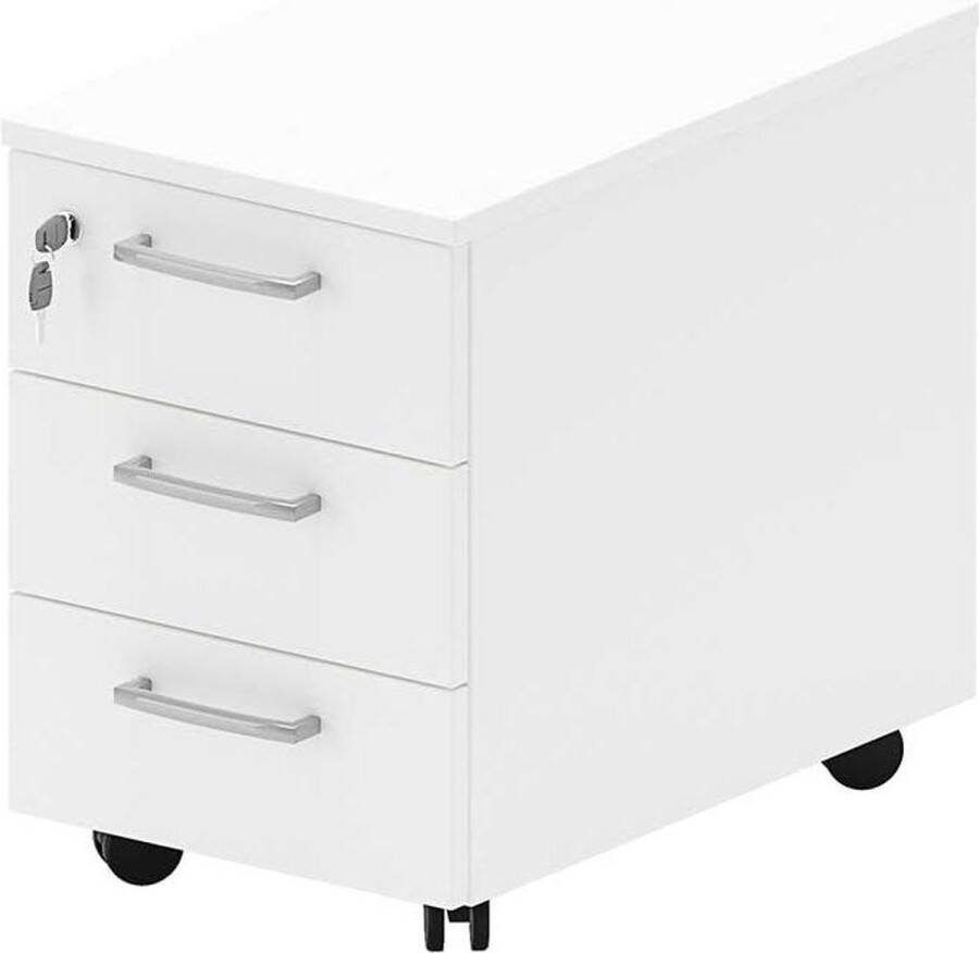 Kantoorcommode met wielen en drie laden eenvoudige montage wit bureau opbergkastje L 34 x D 56 x H 51 cm. Ladeblok