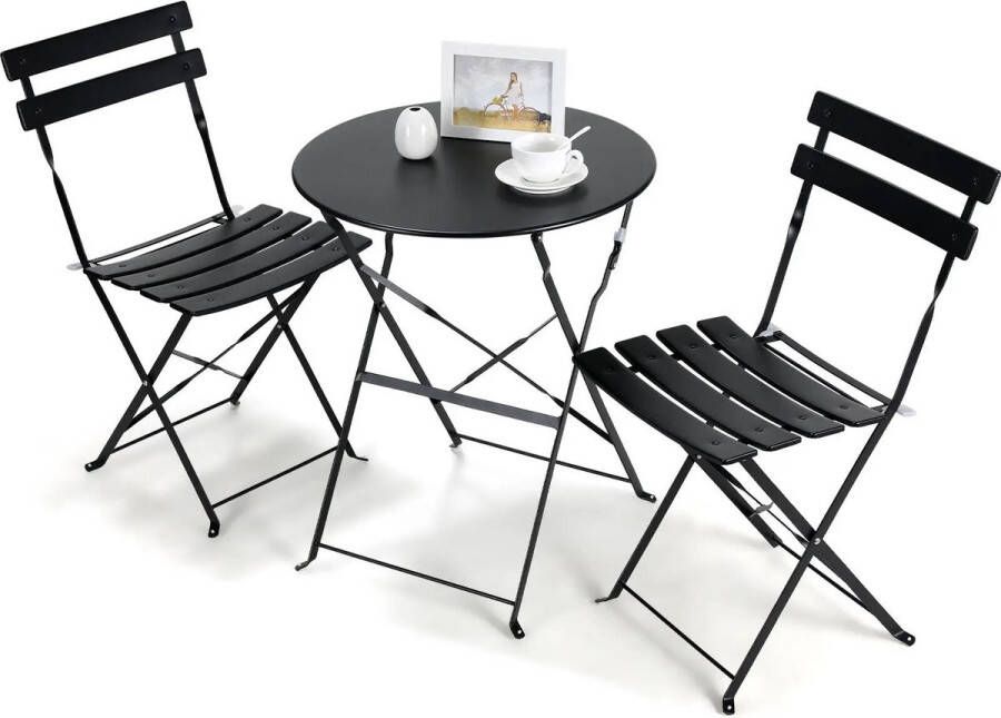 Kanyu Orgineel Frans Bistroset Patio Set Zwart 1x Tafel 2x Stoelen Opvouwbaar