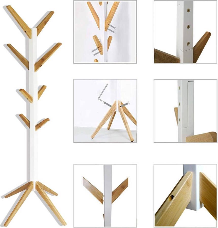 Kapstok kledingrek hout garderobe acht haken voor hal slaapkamer wachtkamer wit en bamboe hoogte: ca. 178cm