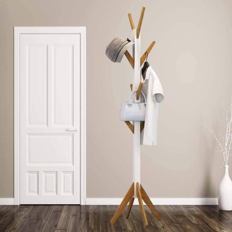 Kapstok kledingrek hout garderobe acht haken voor hal slaapkamer wachtkamer wit en bamboe hoogte: ca. 178cm