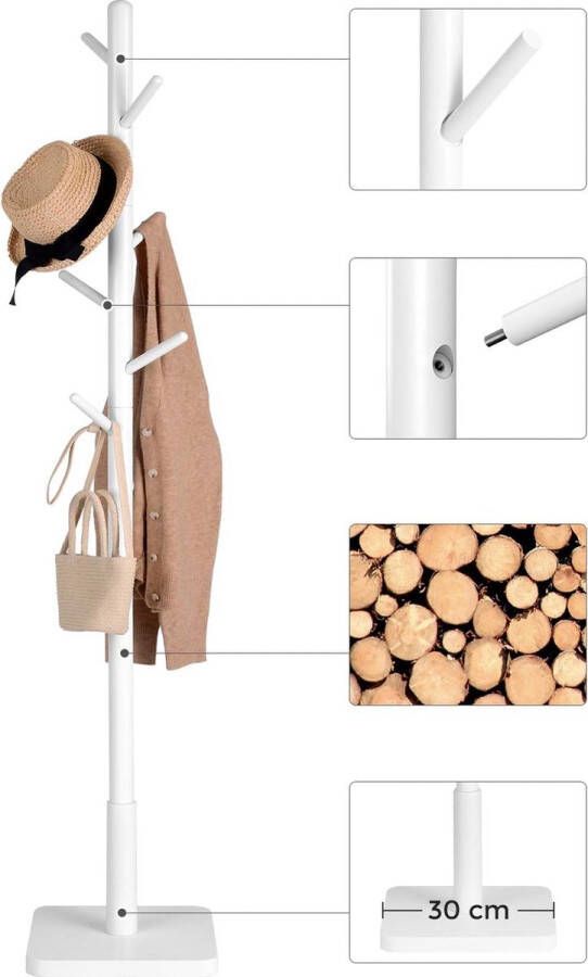 Kapstok kledingrek massief hout vrijstaand boomvorm 8 haken voor jassen hoeden tassen entree gang haken en leuning van rubberhout wit
