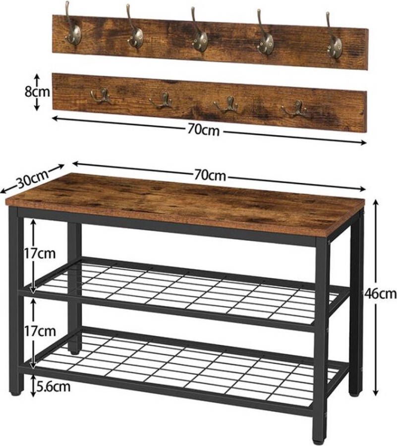 Kapstok met schoenenbank 70 x 30 x 46 CM Opslag voor jassen & schoenen Industrieel kapstok & schoenenopberger Schoenenrek zwart metaal met hout