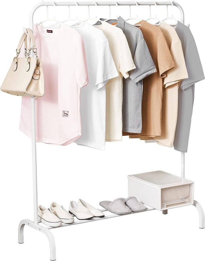 Kapstok vrijstaande kleerhanger multifunctionele kledingstang met plank en 2 haken slaapkamer kledingrek wit