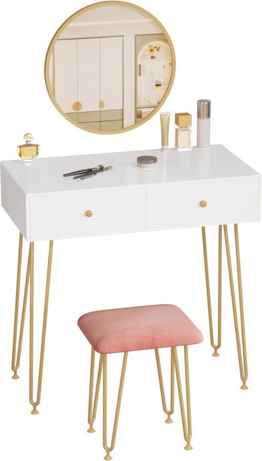 Kaptafel Make up tafel Make up spiegel -Toilettafel -Met lades 80 x 40 x 77 5 cm Wit en goud Make-up tafel met kruk kaptafel met ronde spiegel en 2 schuifladen voor slaapkamer bureau van MDF en massief hout- kerstcadeau