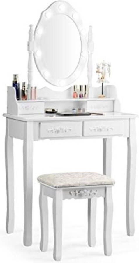 Kaptafel met spiegel en verlichting 75cm x 40cm x 146cm Wit