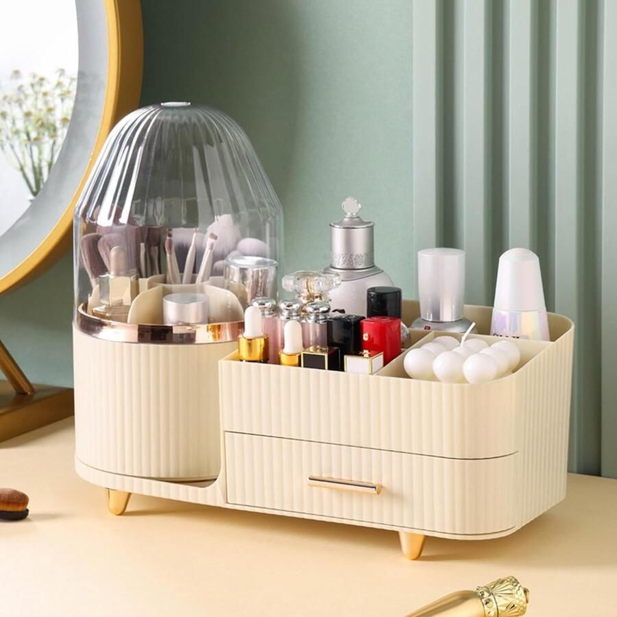 Kaptafel-organizer 360° draaibare make-up-organizer met lade cosmetische vitrine voor het opbergen van make-upborstels badwerkblad bureauopslagcontainer (wit)