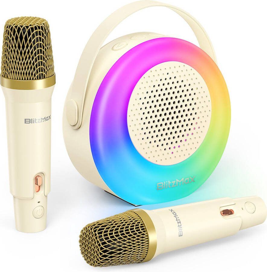 Karaoke-machine met 2 draadloze microfoons Bluetooth-karaoke-luidspreker voor kinderen en volwassenen Beige