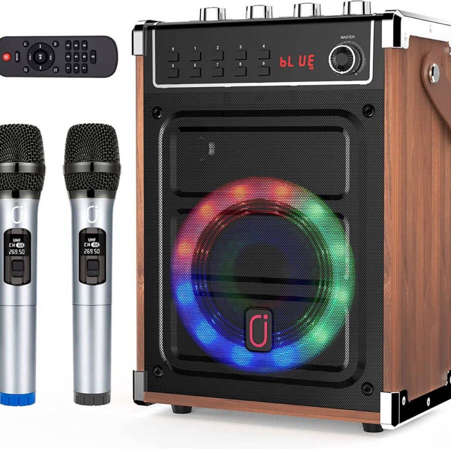 Karaoke Machine met Twee Draadloze Microfoons Draagbare Bluetooth-luidspreker met Aanpassing van Bas treble Afstandsbediening en Led-verlichting Ondersteunt TF-kaart USB AUX IN FM REC