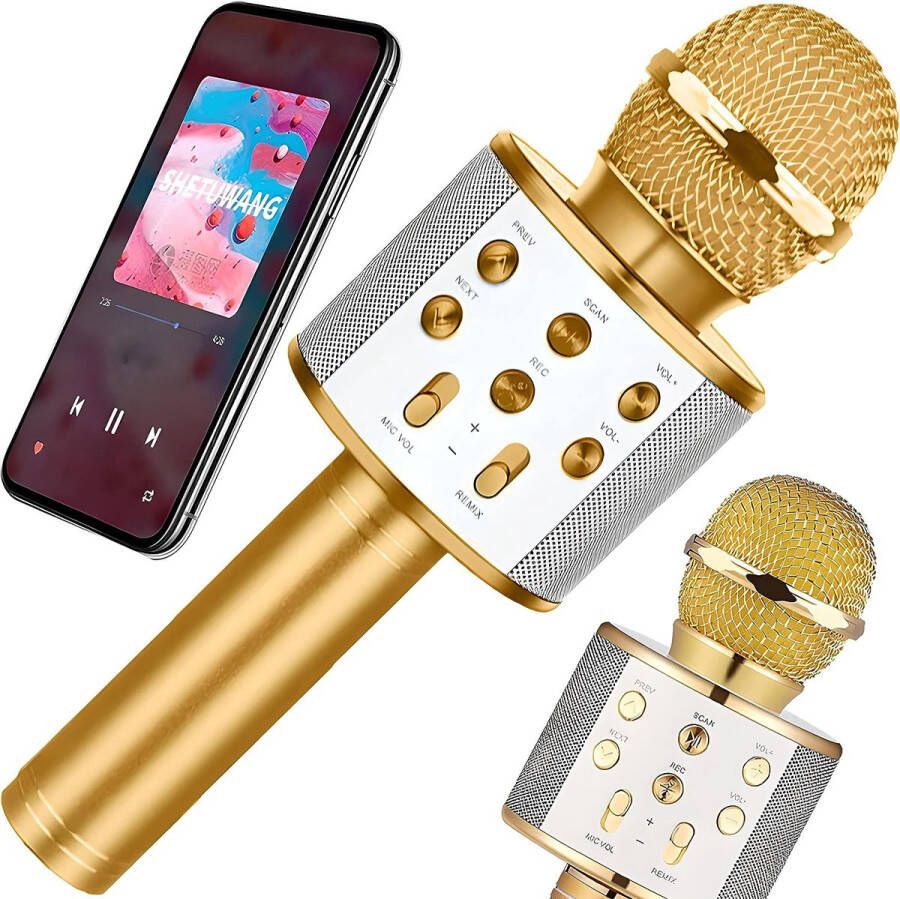 Karaoke Microfoon Draadloze Microfoon Inclusief Audio Kabel & 4 Geluidseffecten Goud Compatibel Nieuwe Generatie Smartphones