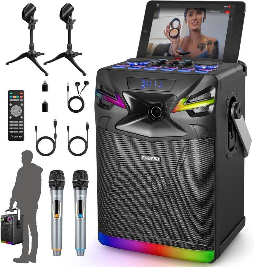 Karaoke set Bluetooth GPSK-1 DSP karaokemachine met 2 draadloze microfoons en PA-systeem live streaming geluidseffecten DJ Lights FM-radio opnames YouTube Tiktok iOS Android