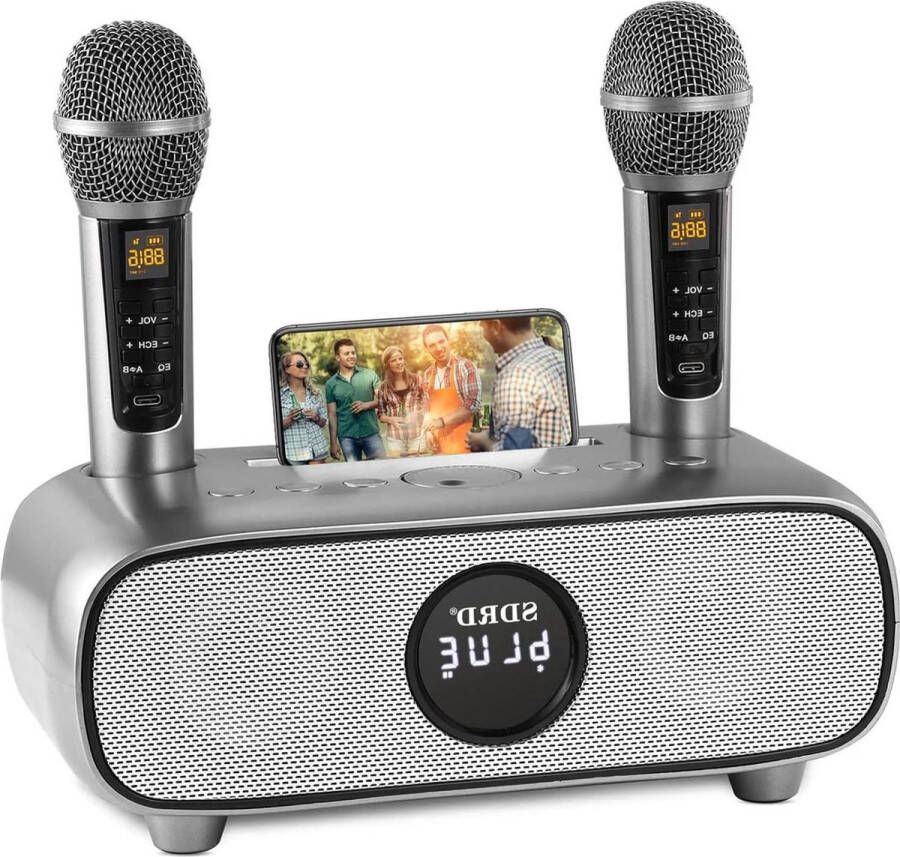 Karaoke set Bluetooth karaoke-installatie met 2 microfoons en telefoonhouder voor thuis draagbaar PA-systeem voor volwassenen en kinderen met USB TF-kaart AUX-in