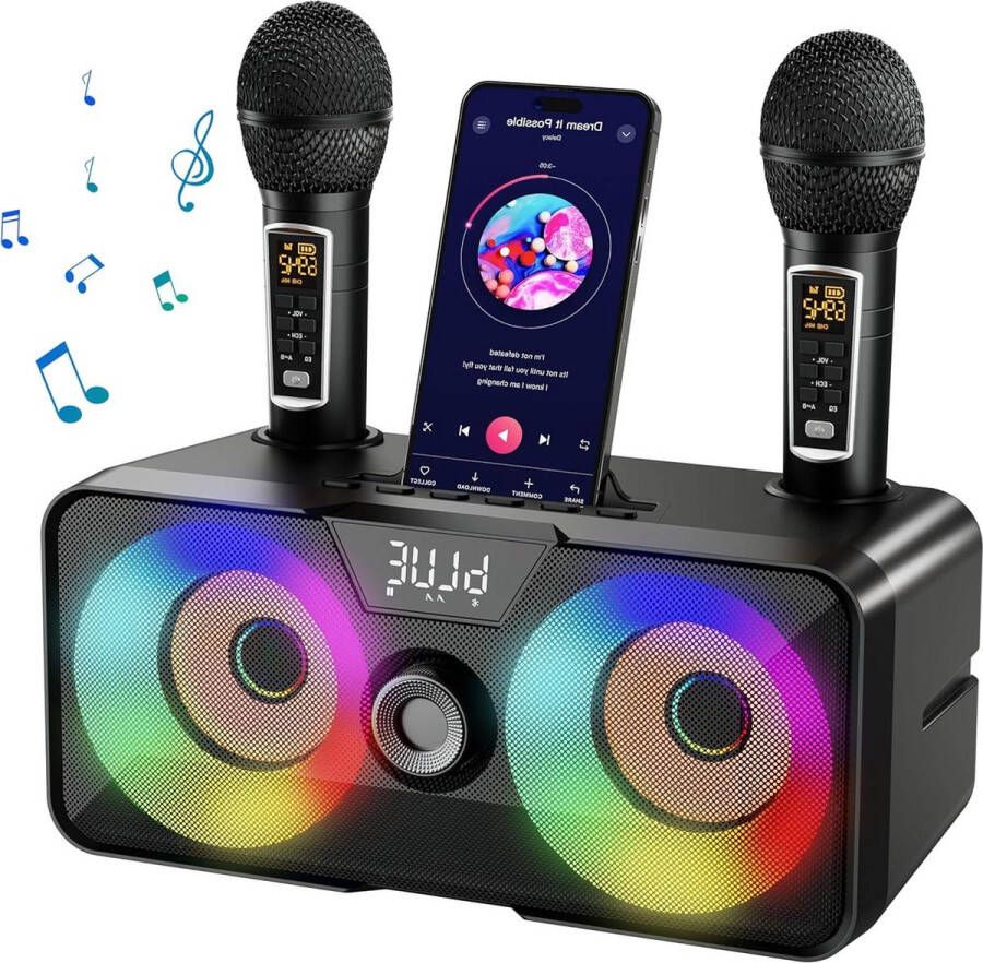 Karaoke set draagbaar bluetooth PA-luidsprekersysteem met ledverlichting voor thuis feest outdoor indoor- bruiloft kerk met 2 draadloze microfoons