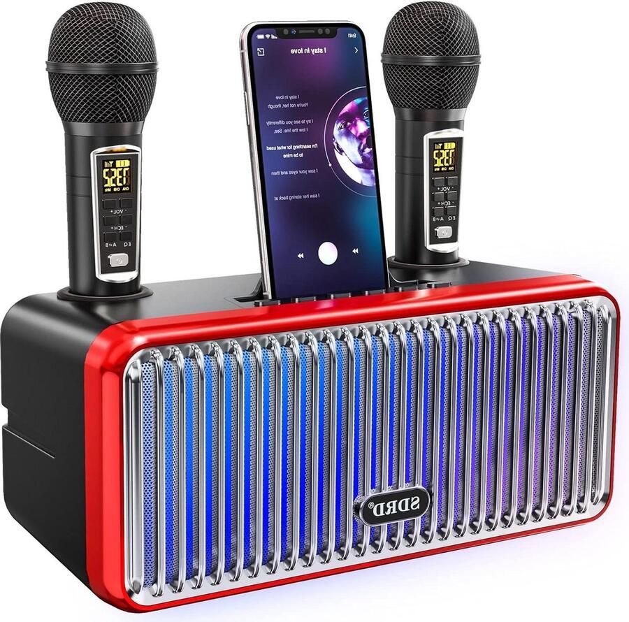 Karaoke set draagbare bluetooth-luidspreker met 2 microfoons draadloos UHF karaoke-PA-luidsprekersysteem geleidelijke kleurrijke ledlampjes thuisfeest zwart