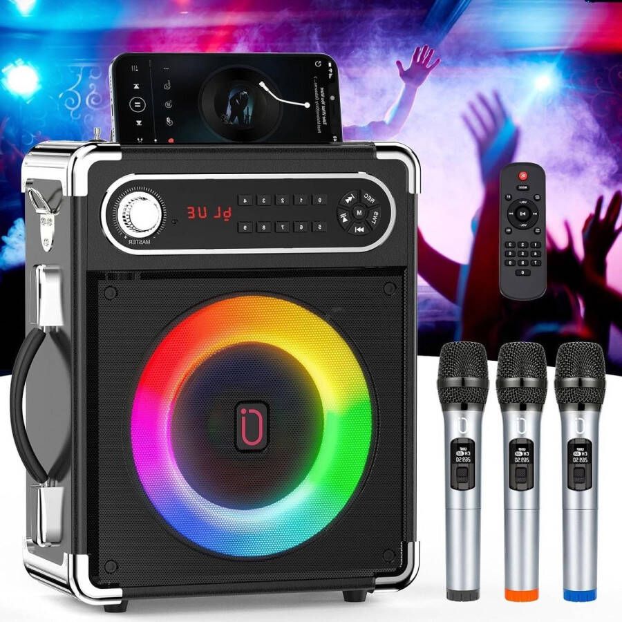 Karaoke set Draagbare Bluetooth-luidspreker met 3 draadloze microfoons Bas-treble aanpassing LED-verlichting TF-kaart USB AUX IN FM REC (zwart)