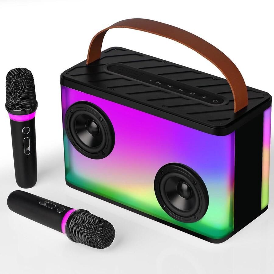Karaoke set Draagbare Karaoke-Machine Voor Volwassenen Met Box Bluetooth-Luidspreker Met 2 Microfoons en Verlichting Thuisfeest Picknick Buiten Zwart