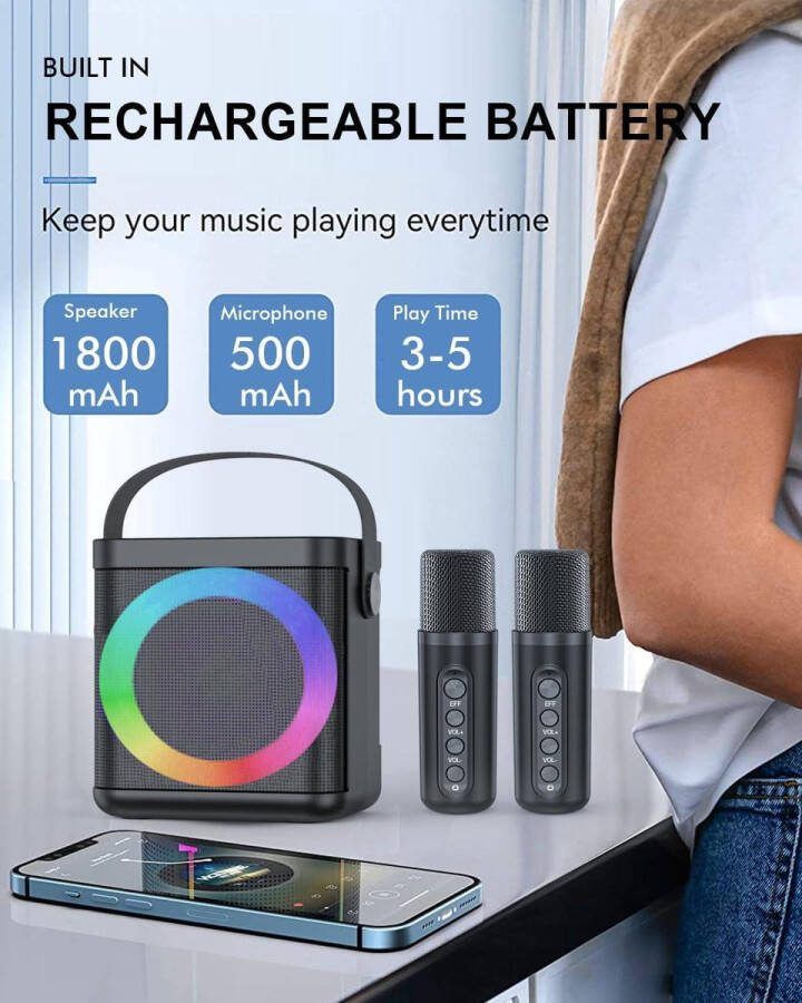 Karaoke set draagbare karaoke set met draadloze microfoons voor volwassenen en kinderen- Bluetooth karaoke luidspreker met PA systeem- LED verlichting ondersteuning TF USB AUX