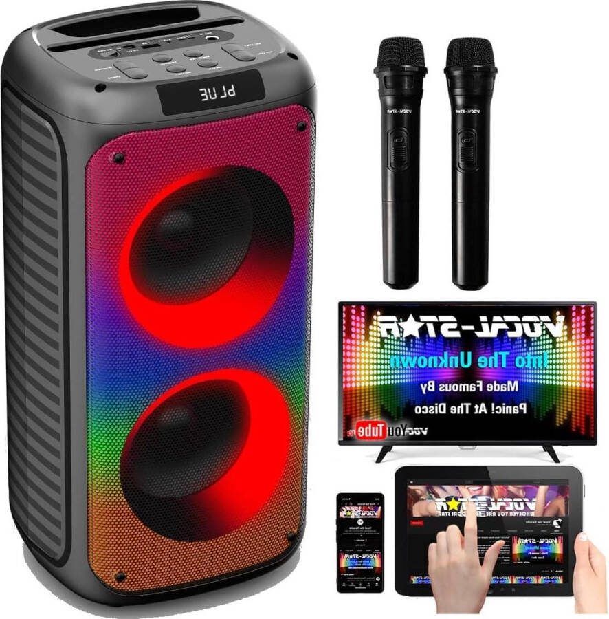 Karaoke set Draagbare machine met Bluetooth en 2 microfoons 100w luidspreker 6 verblindende LED Records Zang TWS AUX Oplaadbaar