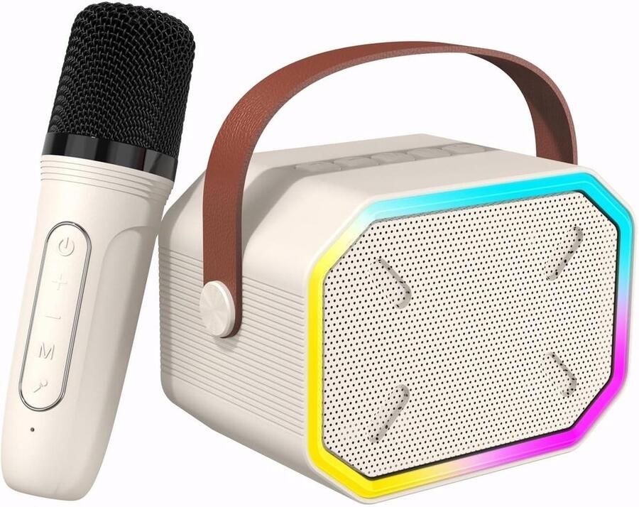 Karaoke set Karaoke machine Bluetooth kinderen karaoke luidspreker draadloze microfoon LED lampen speelgoed spraakwissel cadeaus meisjes beige