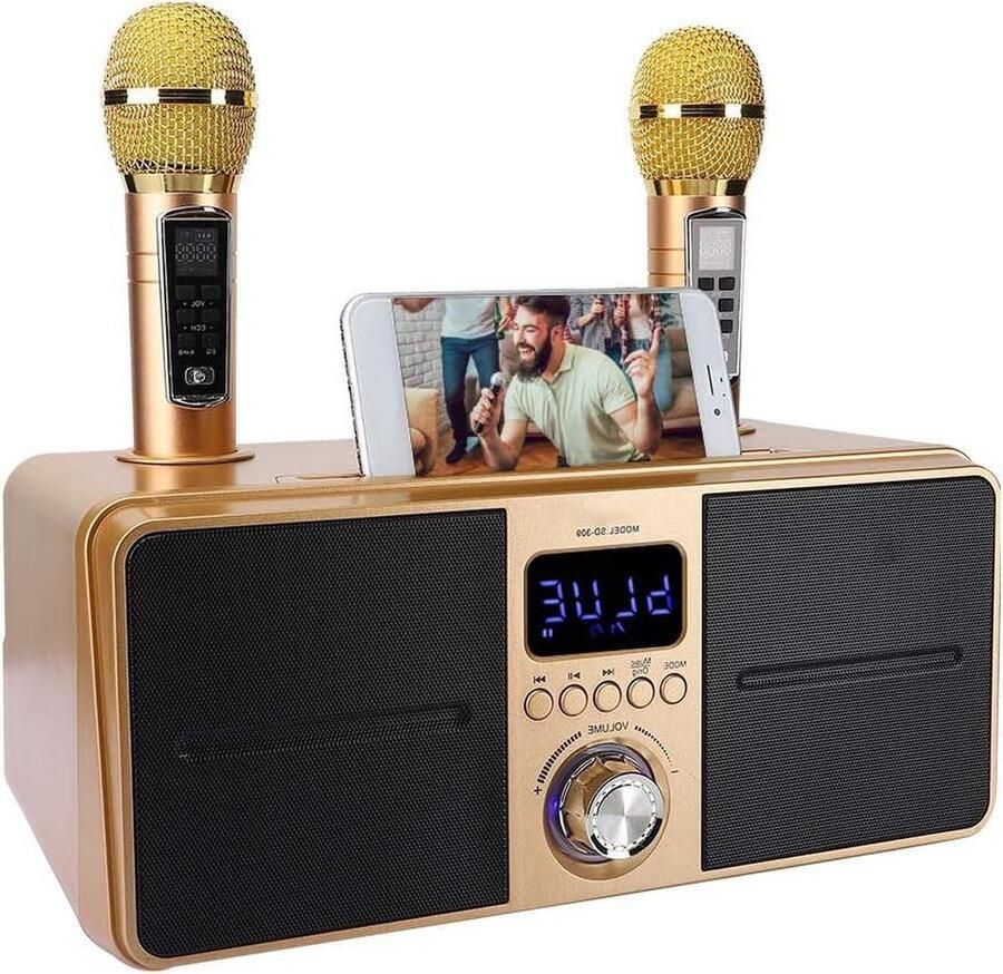 Karaoke set Karaoke machine Bluetooth KTV Kit met dubbele microfoon voor thuis AUX USB video multifunctionele machine voor telefoon-tablet-pc 2 karaoke microfoons(Goud)