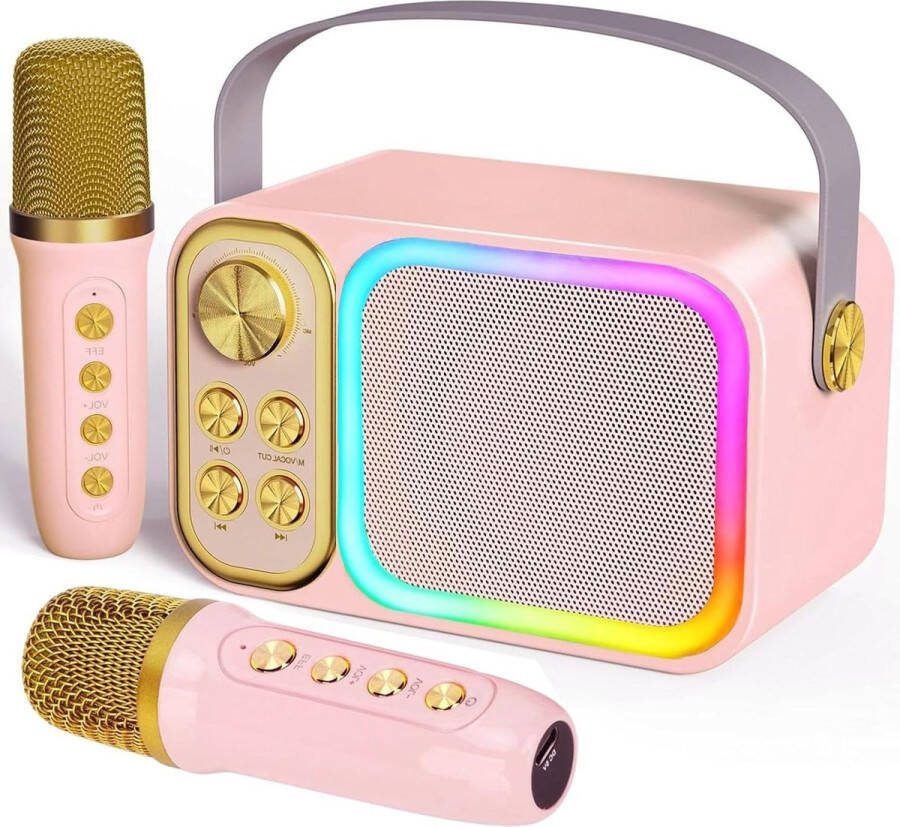 Karaoke set Karaoke machine Draadloze Bluetooth karaoke-microfoon voor kinderen met 2 microfoons 7 stemmen wisselen en led-licht roze