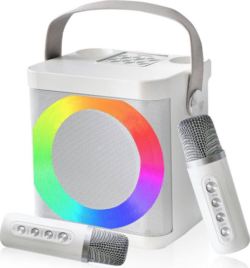 Karaoke set Karaoke machine Draagbare Bluetooth karaoke luidspreker met 2 draadloze microfoons en dynamische verlichting voor thuisfeestgeschenken vergadering-wit