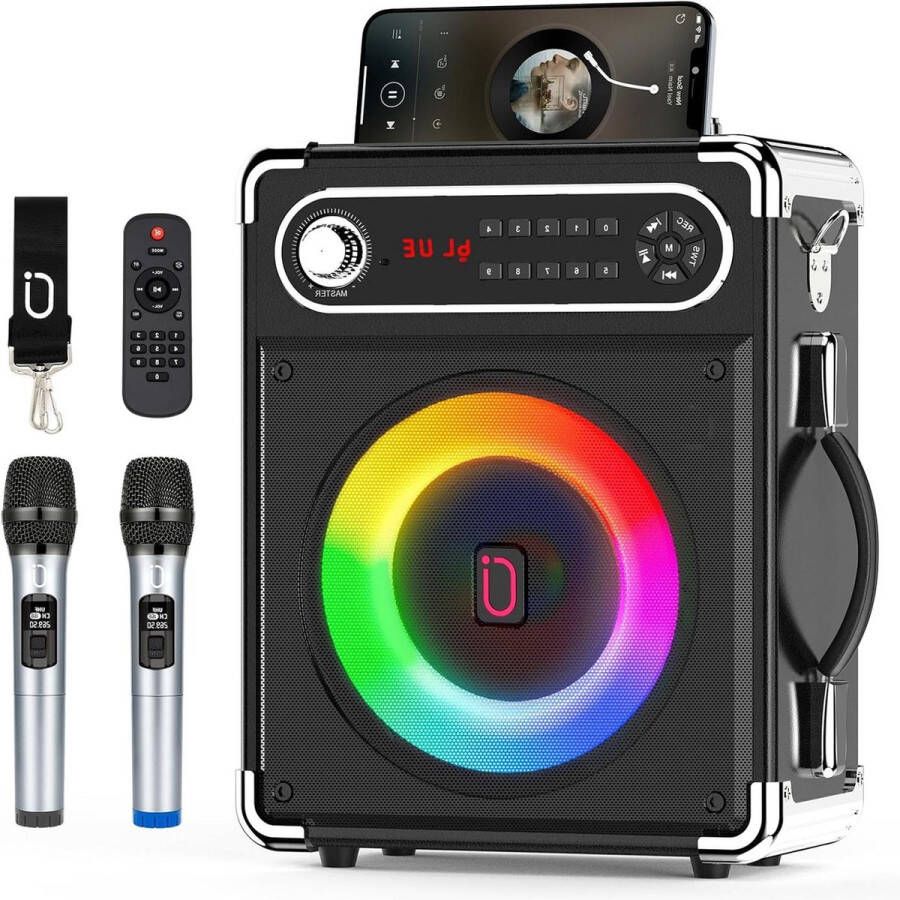 Karaoke set Karaoke machine Draagbare Bluetooth-luidspreker Sistemi PA met 2 draadloze microfoons Draagbare luidspreker-muziekbox met ledlampen Ondersteunt USB TF-kaart AUX FM Rec voor feestjes en buiten