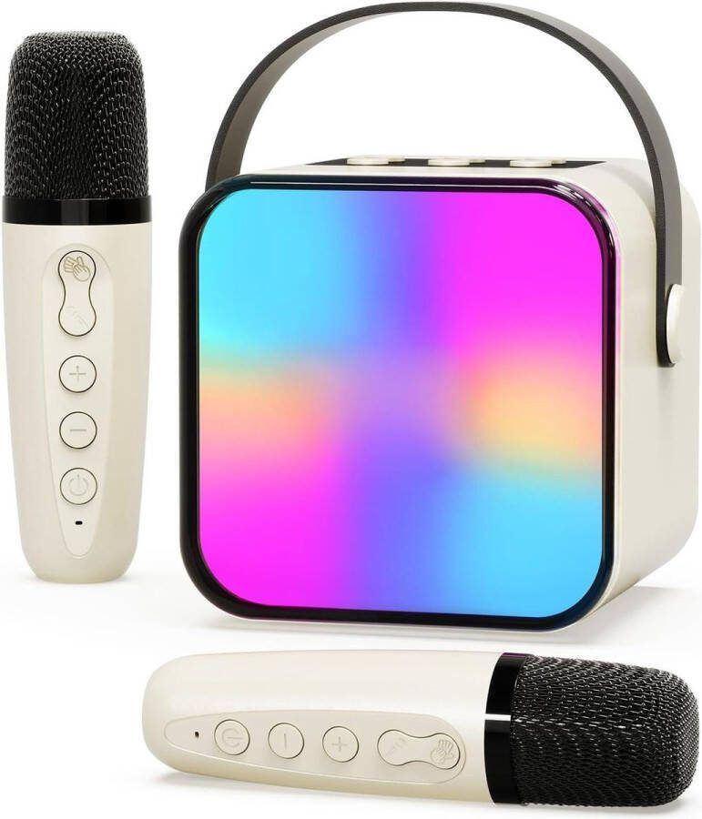 Karaoke set Karaoke machine met 2 draadloze microfoons en luidspreker voor kinderen draagbaar bluetooth karaoke speelgoed met ledlampen en stemwisselende effecten beige