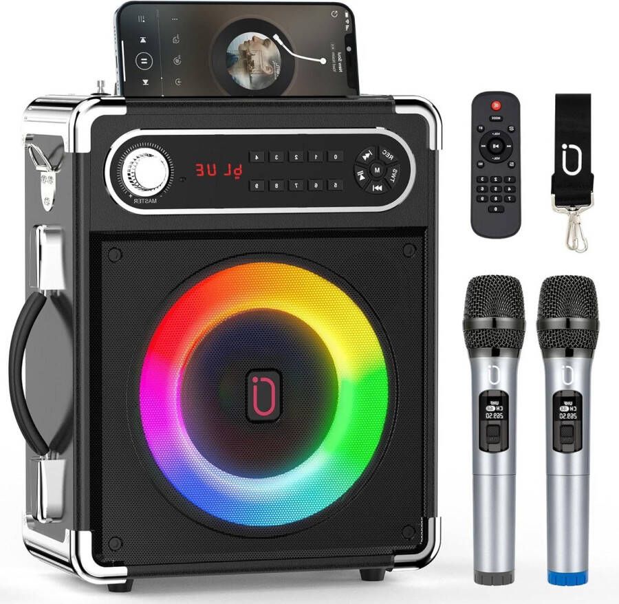 Karaoke set Karaoke machine met draadloze microfoons en Bluetooth-luidspreker bas-treble afstelling afstandsbediening LED-verlichting TF-kaart USB AUX IN FM REC (zwart)