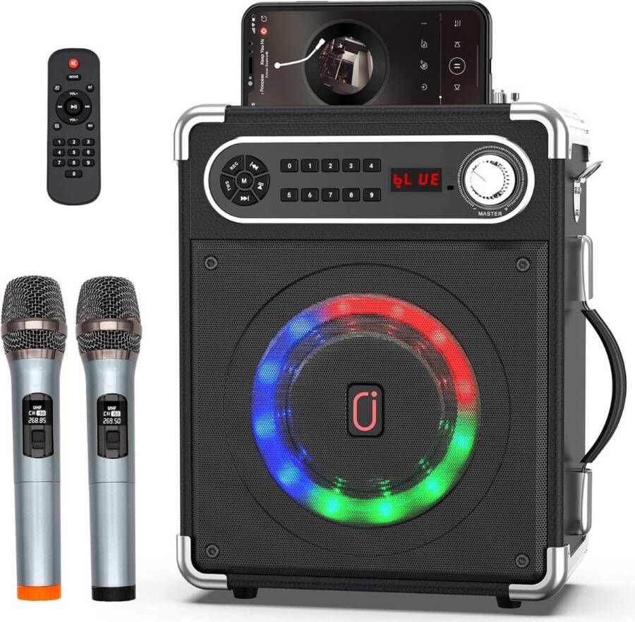 Karaoke Set karaoke machine met twee draadloze microfoons draagbare Bluetooth-luidspreker met aanpassing van bas treble afstandsbediening en led-verlichting ondersteunt TF-kaart USB AUX IN FM REC (zwart)